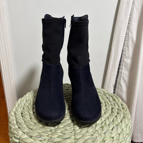 Arche Navy Blue Nubuck Black Snap Block Heel Mid Calf Boots - Picture 4 of 12